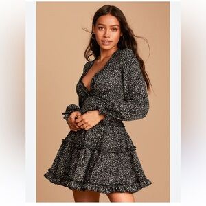 Lulu’s Admire You Floral Black Print Ruffled Long Sleeve Mini Dress Size XS BNWT